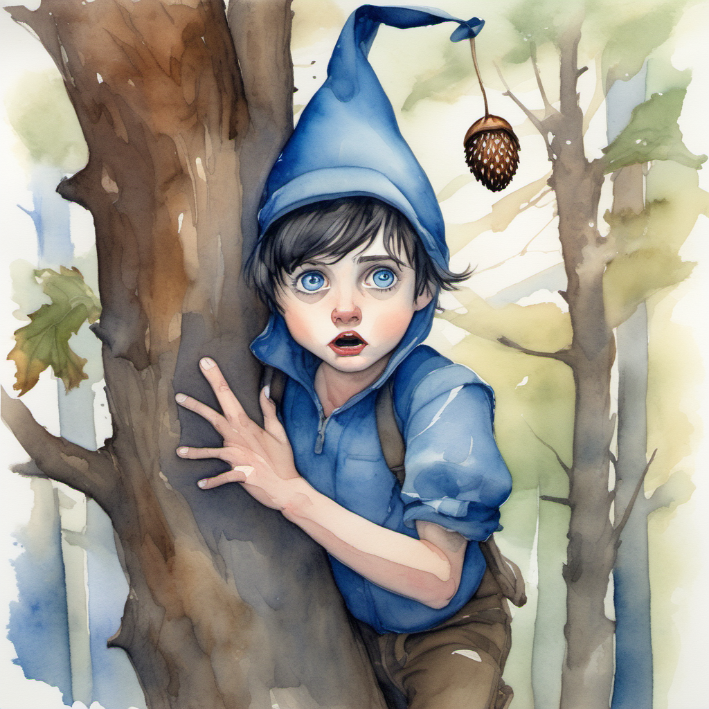  A watercolor painting of a frightened young dark haired pixie with blue eyes wearing an acorn hat being rescued from a tree

