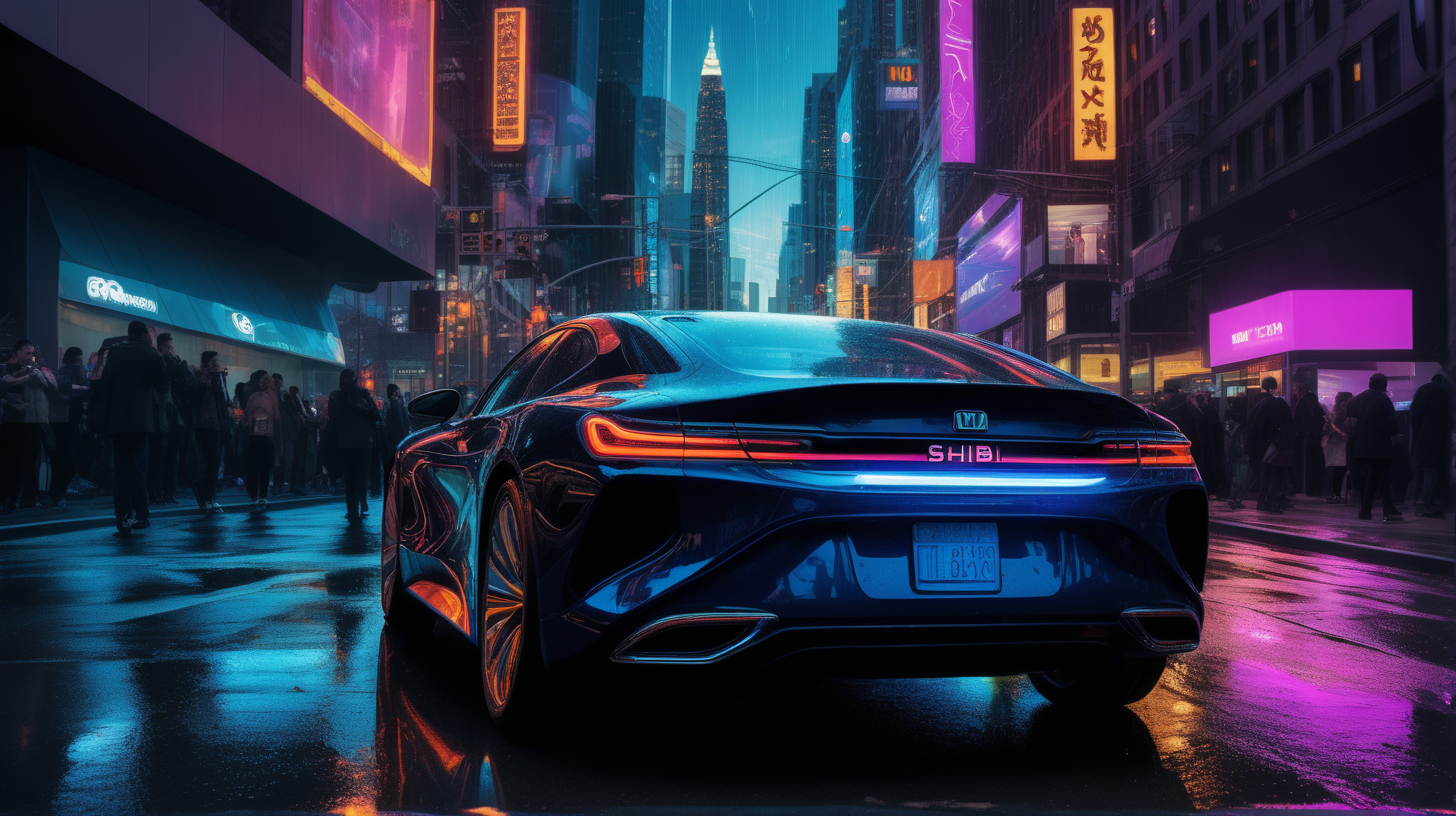 hyper-realistic photograph capturing a sharply-dressed man emerging from a sleek, high-tech luxury car, the "SHIB" illuminated license plate reflecting off the wet, neon-lit pavement. The cityscape pulses with a cyberpunk life, towering skyscrapers adorned with holographic ads for "SHIB" and "SHIBARIUM", streets coursing with the vibrant glow of LED lights. The futuristic Wall Street backdrop is a labyrinth of digital interfaces and chrome, with citizens donning augmented reality visors, all under a synthetic sky streaked with drone traffic. Camera setup: Nikon D850, AF-S NIKKOR 24-70mm f/2.8E ED VR, set to f/4 to capture the intricate neon reflections and the dynamic contrast of shadows and light --ar 16:9 --v 5 --q 2 --stylize 100