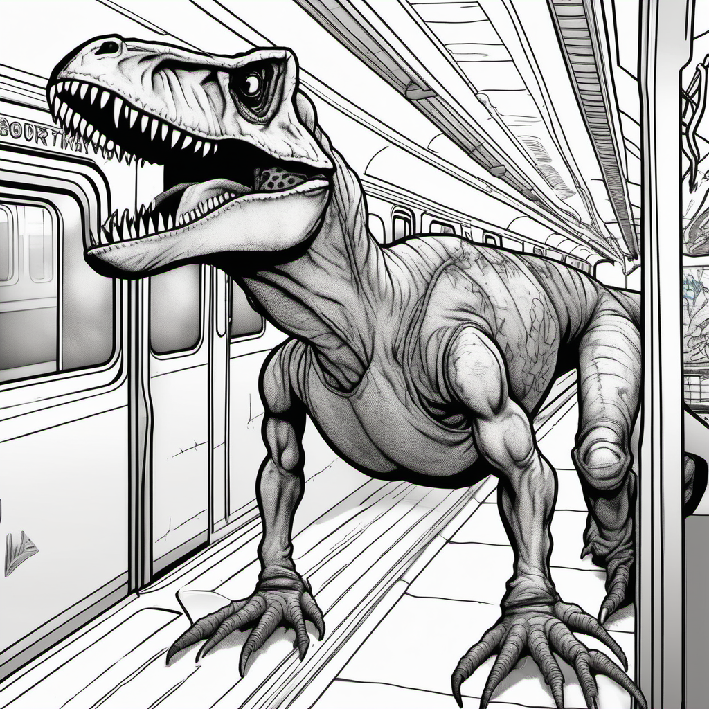 A Tyrannosaurus Rex mixed with a Tarantula spider, in the NYC subway, coloring book pages