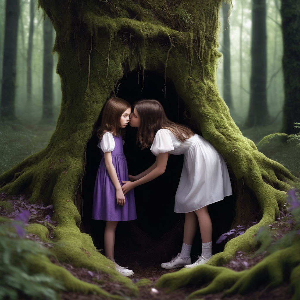 A teenage girl fell into a hole in a forest. She had shoulder-length brown hair and a white flowy midi dress. His knee is bleeding. Her mother bent over her. Her mother looks like a fairy. Her mother wears a purple dress with a puffy shirt and white shoes. The forest is dark. the tree branches are tangled together. Moss growing on tr. ees