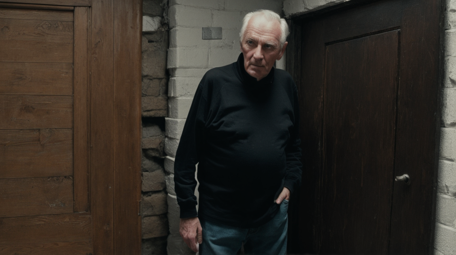  older man standing, black clothes leaning against a basement brown wooden door. 
