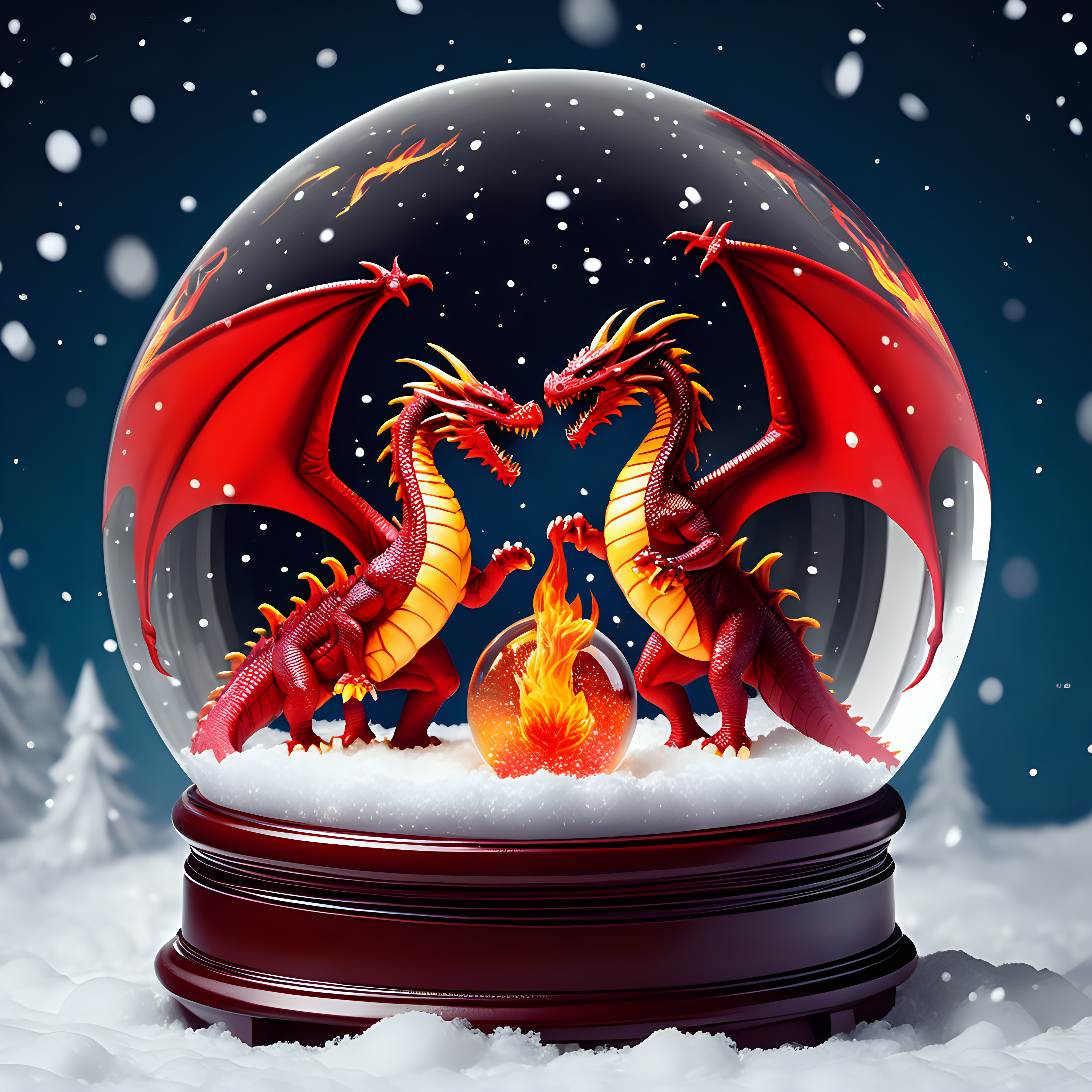 red 2 headed fire breathing dragon in a snow globe