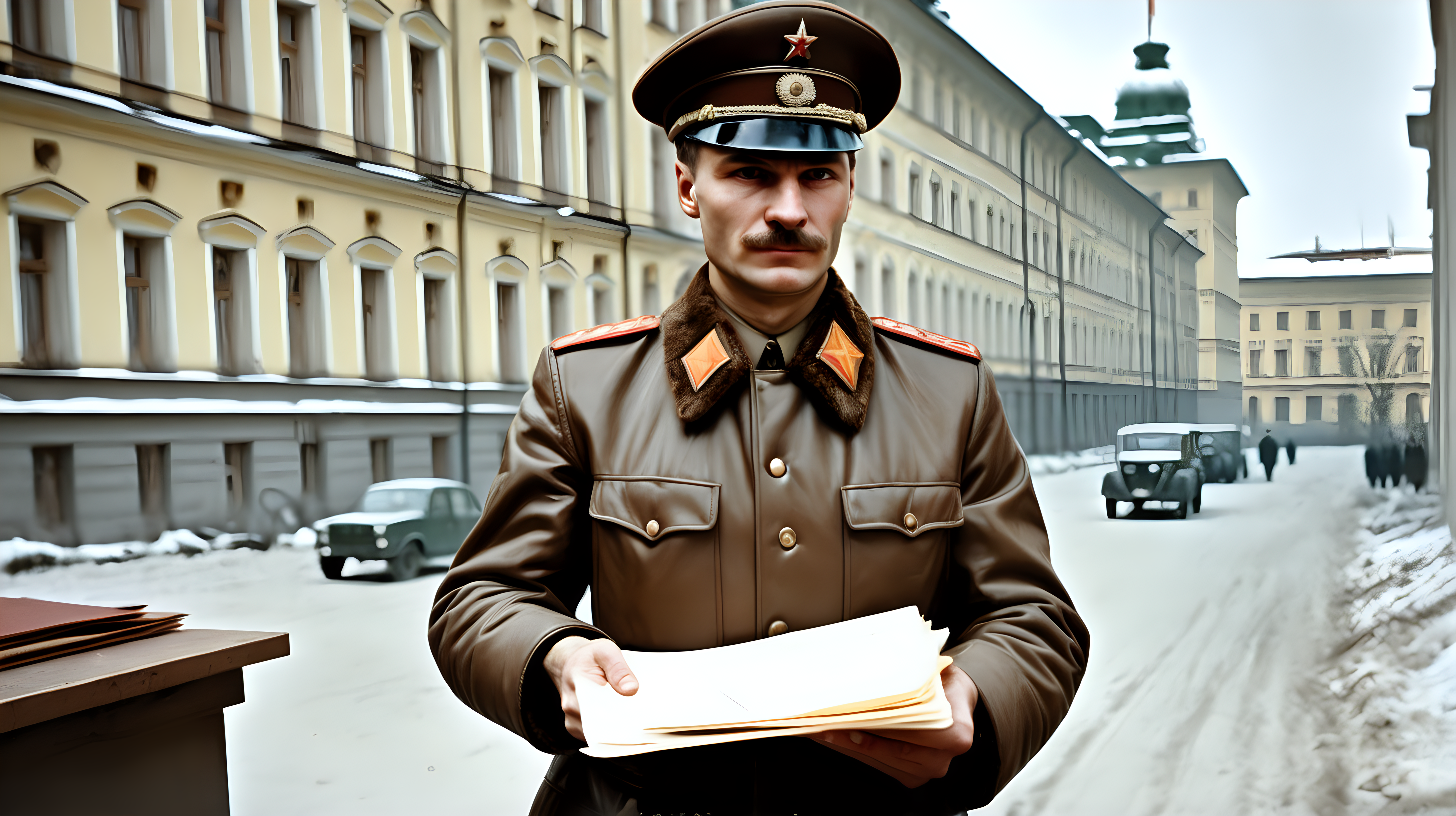 FSB Soviet officer hands over a brown folder