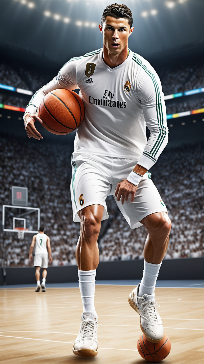 Full body, Cristiano Ronaldo is playing basketball, fans and basketball court background, realistic, ar 2: 1 --v 5