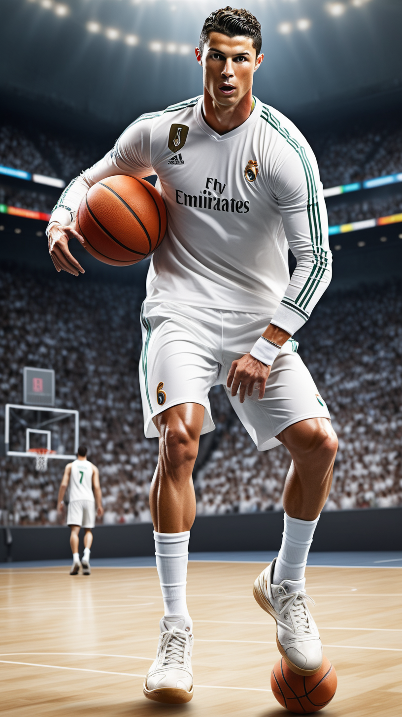 Full body Cristiano Ronaldo is playing basketball fans