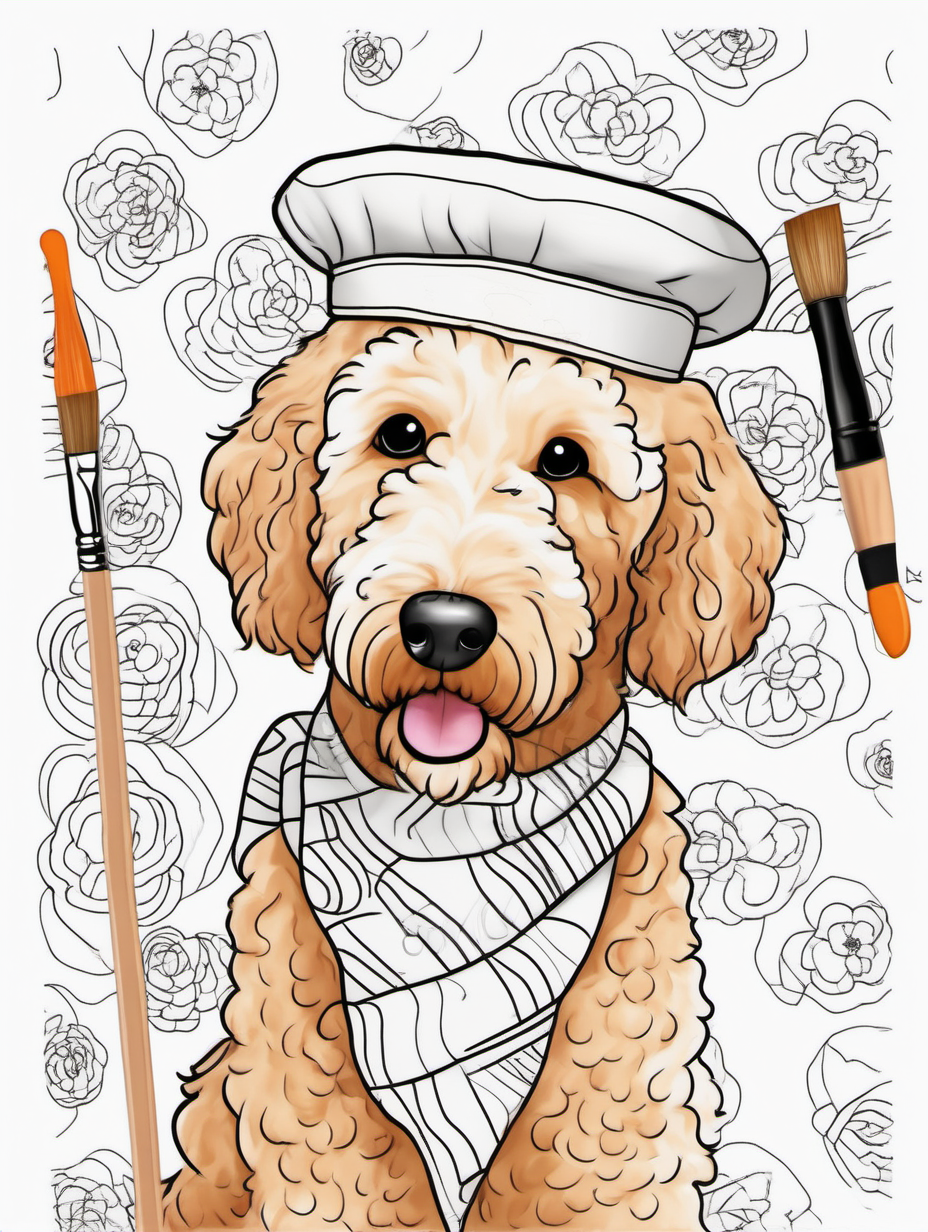 Cute female golden doodle at a whimsical art class wearing artist beret  and holding a paint brush for a coloring book with black lines and white background