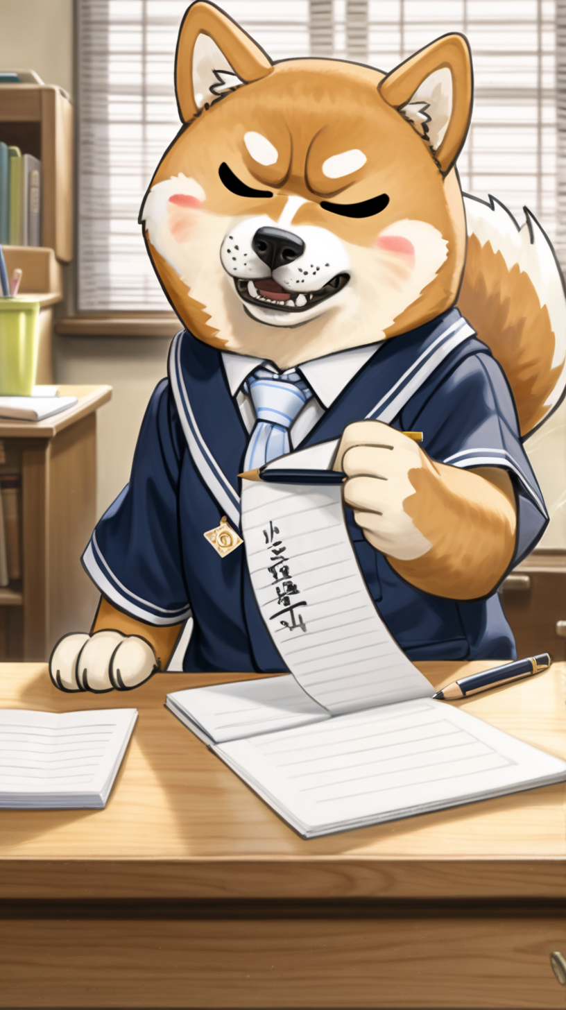 a very angry SHIBA INU wearing school uniform, writing his exam