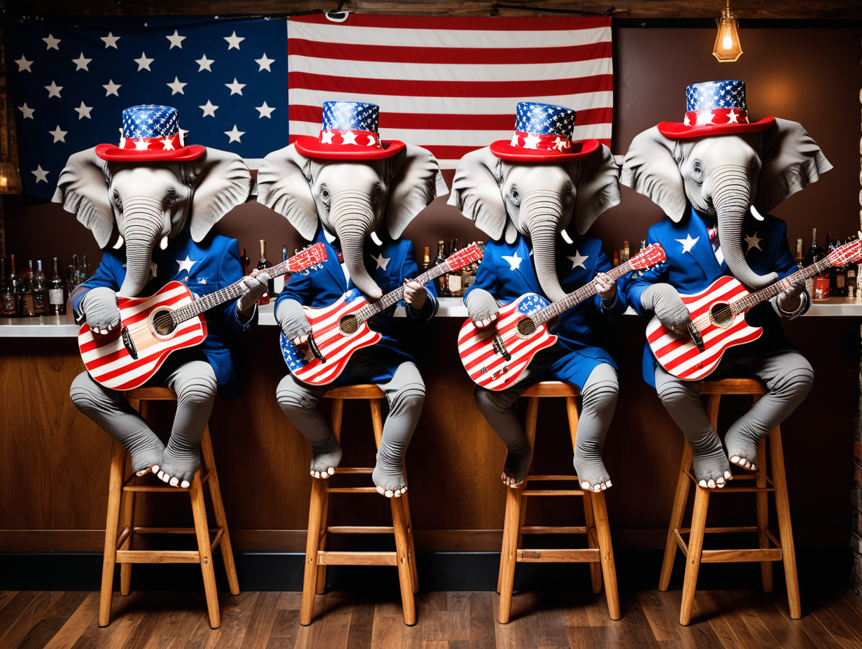3 elephants with hats playing stars and stripes guitars sitting on bar stools