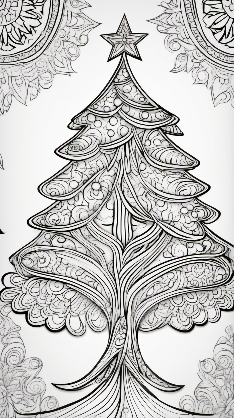 christmas tree, mandala background, coloring book page, clean line art, no color