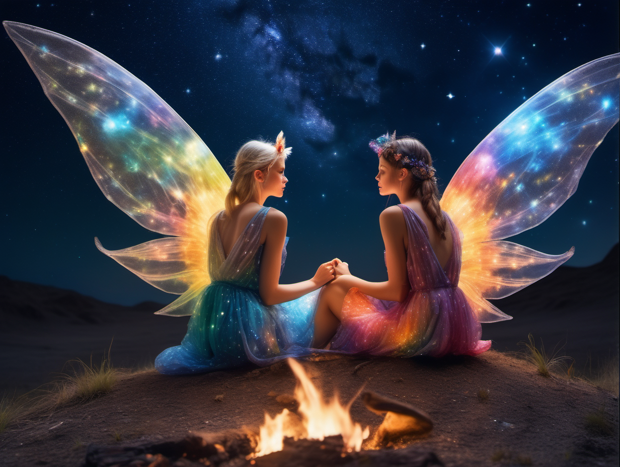 hyperrealistic extreme detail photograph of 2 female fairies with large colourful transparent wings and a colourful open front loose dress sitting on the moon next to a fire under a starry sky looking at the milky way galaxy