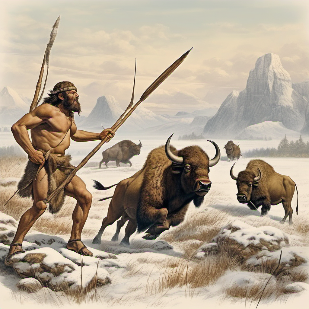 prehistoric hunters hunting for bisons with javelins