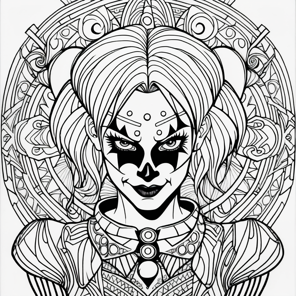adult coloring page, black & white, strong lines, high details, symmetrical mandala, evil female clown in style of the harley quin