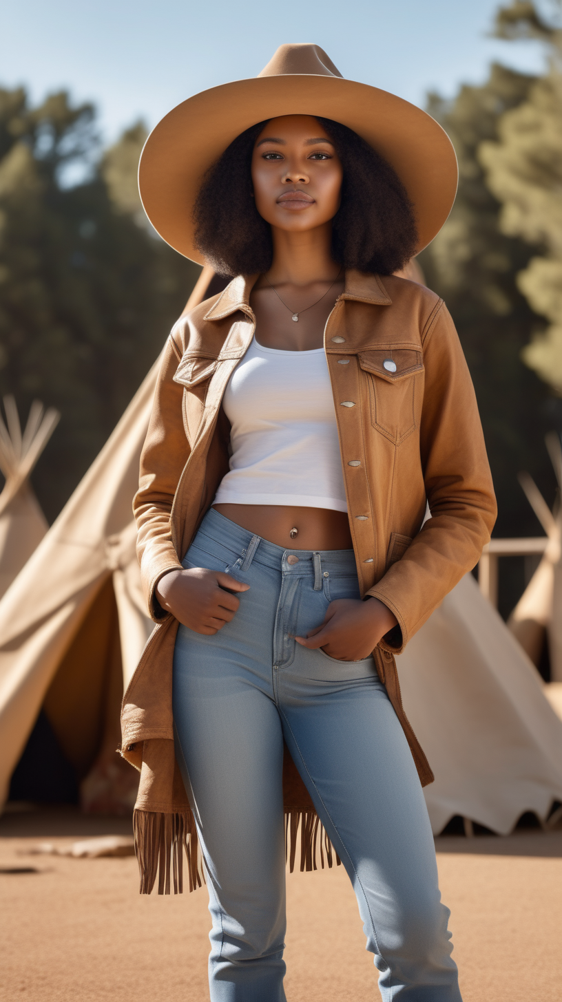 Beautiful young black woman, wearing a wide brim hat, a camel tan, leather rancher jacket, wearing dusty blue denim jeans, bright sunshine,  with tee pees in the back ground, in ultra 4k, high definition, full resolution