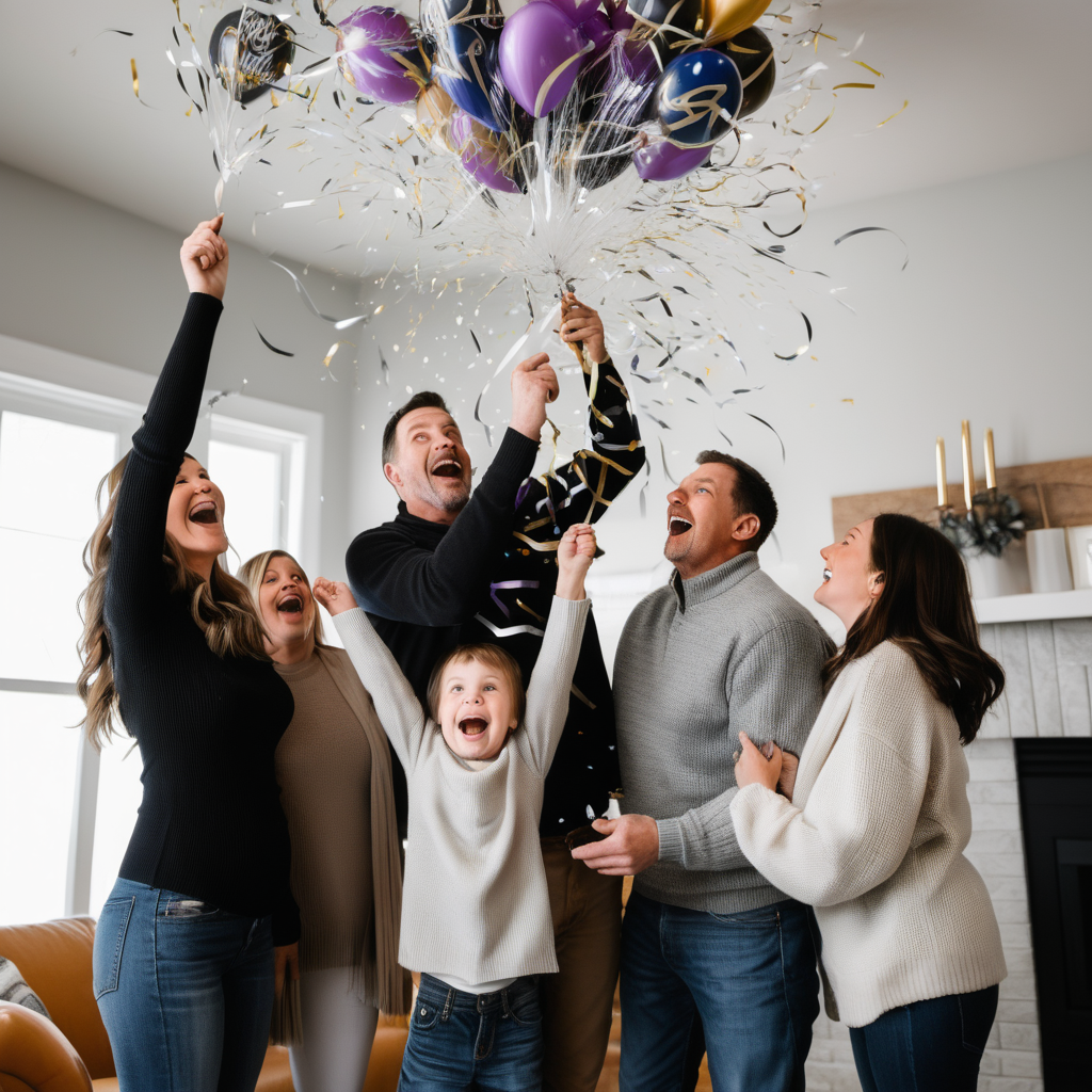 a family celebrating new years eve balloon drop