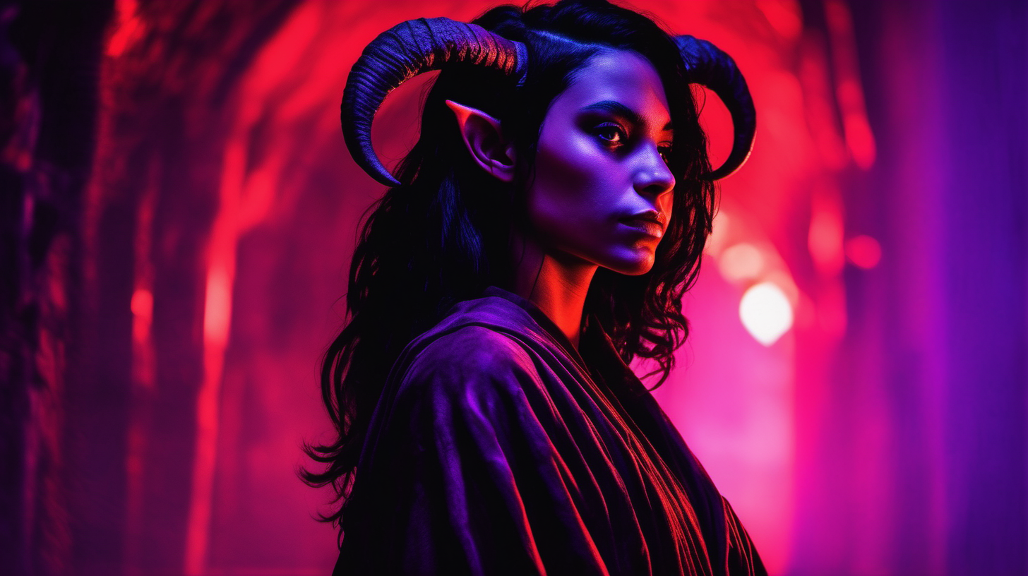 a beautiful female teenage tiefling with purple skin