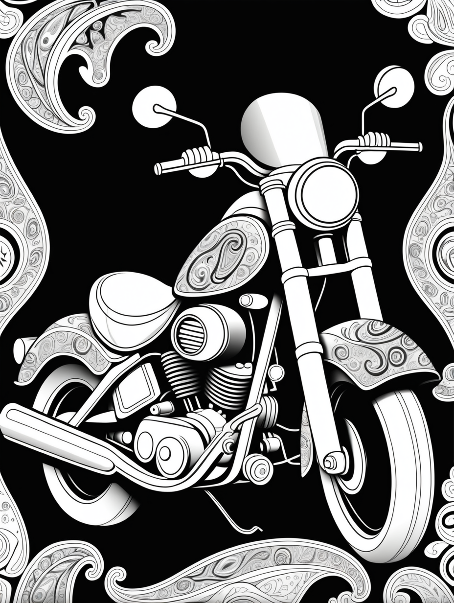 motorcycle, enlarged paisley pattern background, children's coloring book page, cartoon style, clean line art, line art, coloring book, black and white, no color