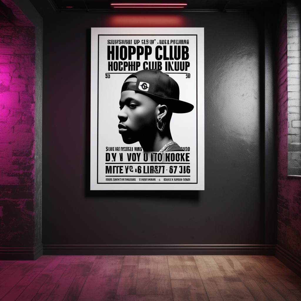  image mock up featuring a poster on a wall inside a hiphop club 