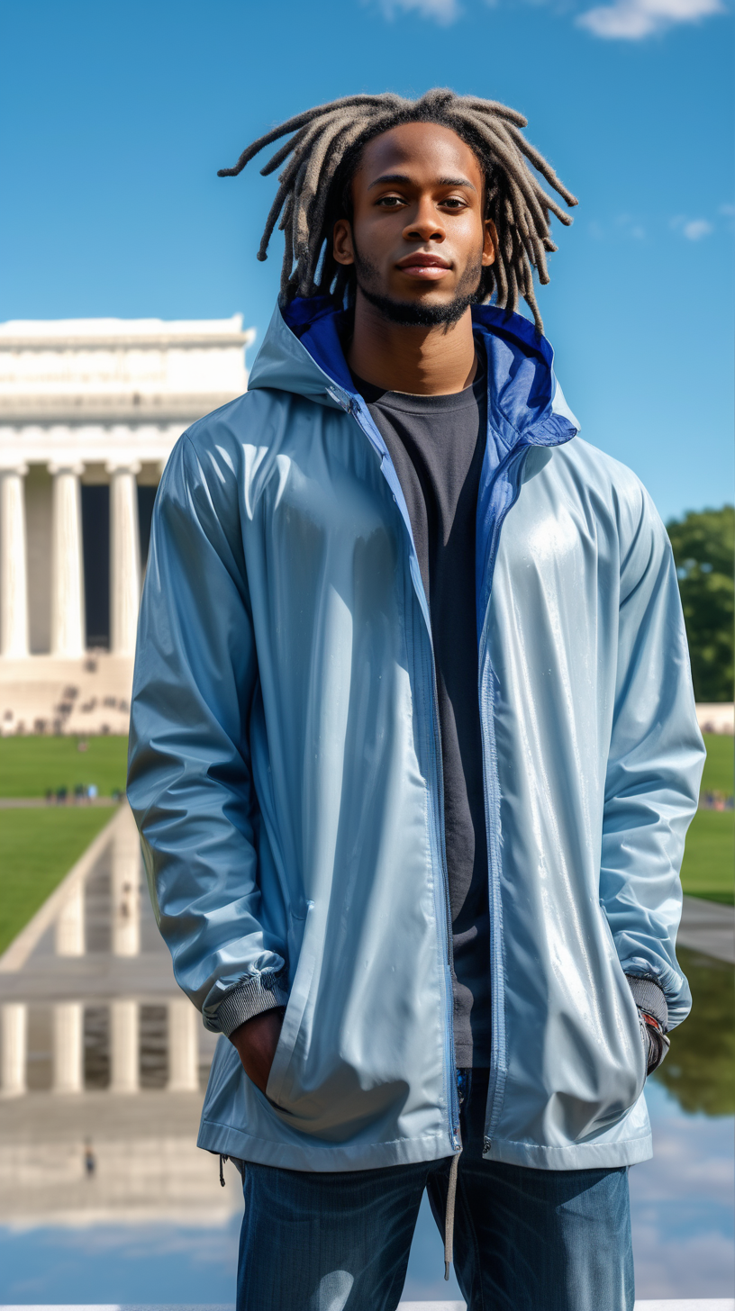 An attractive young black man, wearing stylish dreadlocks, wearing a long sleeved, Heather Grey, Tee Shirt, wearing a baby blue, translucent, hooded rain jacket, wearing Indigo blue, corduroys, standing in front of the Lincoln Memorial, bright sunny skies, ultra 4k rendering, high definition, full resolution