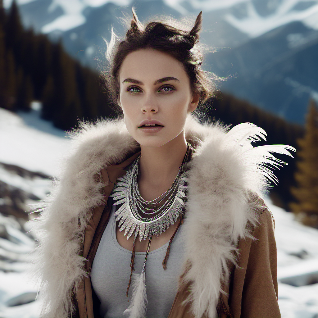 create an image of a natural woman hiking in the mountains with interesting makeup wearing minimal clothing with fur and feathers modeling a large necklace