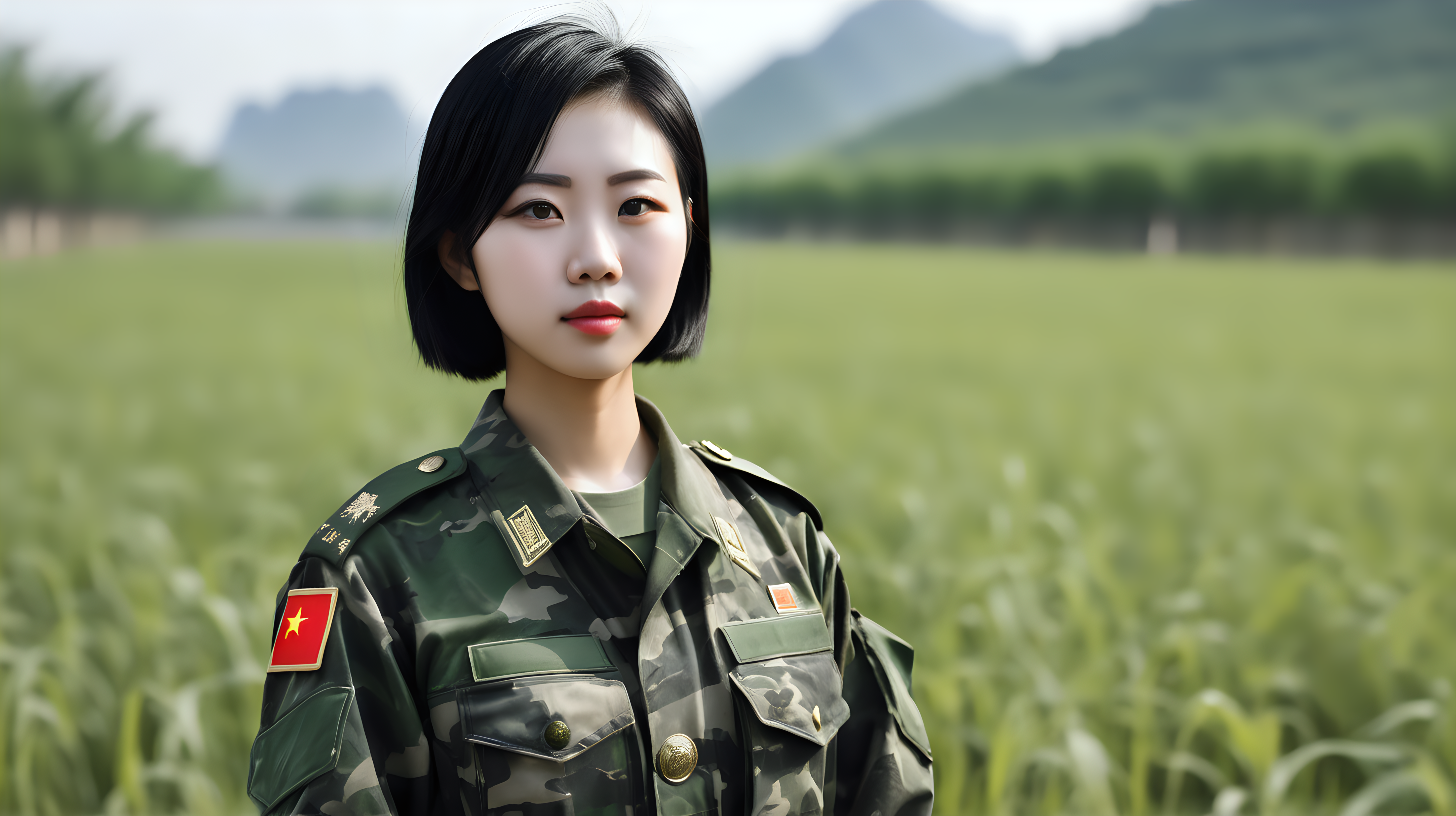 一名中国女兵
青年人
黑发
短发
迷彩服
站在野外