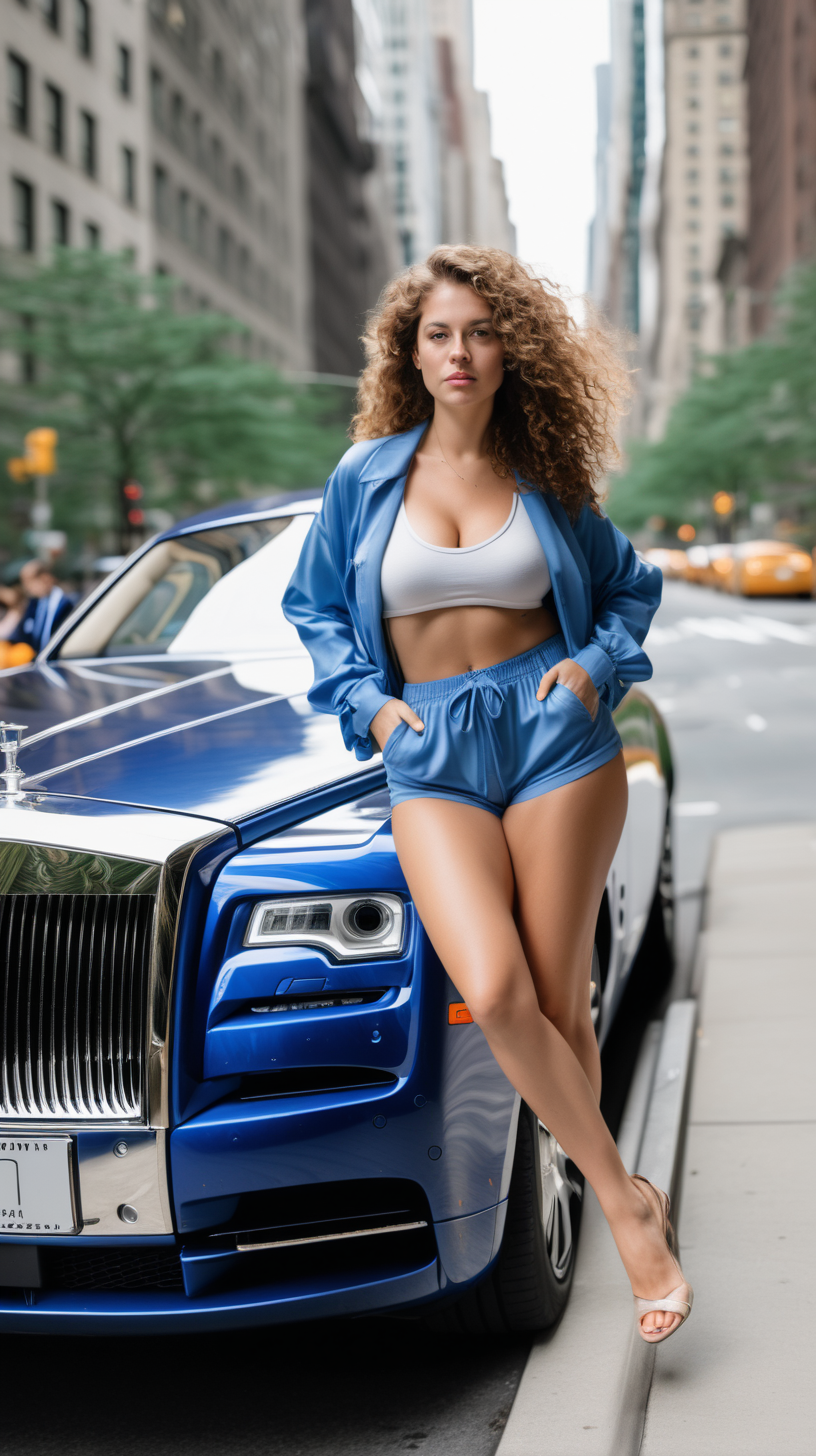Young, slim, German, big breasts, brown hair, long curls of hair, blue lace underwear, shorts, one-piece swimsuit, sitting on a Rolls Royce, in New York