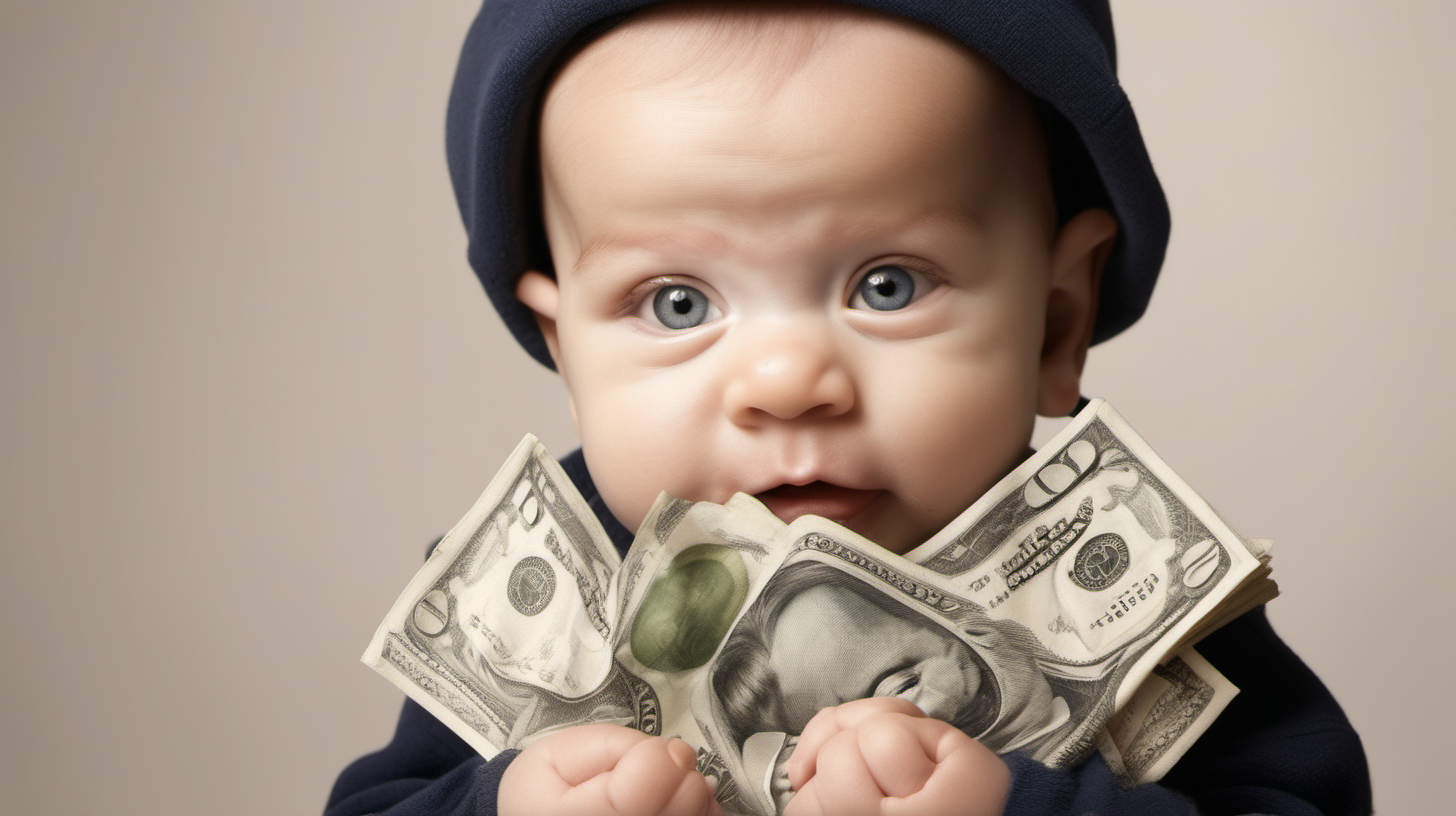 An intriguing image capturing the mischievous smirk of a baby holding money, hinting at a sense of ambition or wealth. Depict the baby with a mischievous or sly smirk, conveying a hint of cleverness or confidence, adding an element of intrigue to the scene. Opt for a simple and neutral background that doesn't distract from the focal point of the image, allowing the baby's expression and the money to stand out. Consider subtle props or elements that complement the scene, such as a piggy bank, a wallet nearby, or toys related to financial themes. Use soft, natural lighting to enhance the baby's features and create a warm, inviting atmosphere. Frame the shot to highlight the baby's expression and the money they're holding. High-resolution image capturing the baby's smirk and the details of the money, ensuring clarity and focus on the key elements. 