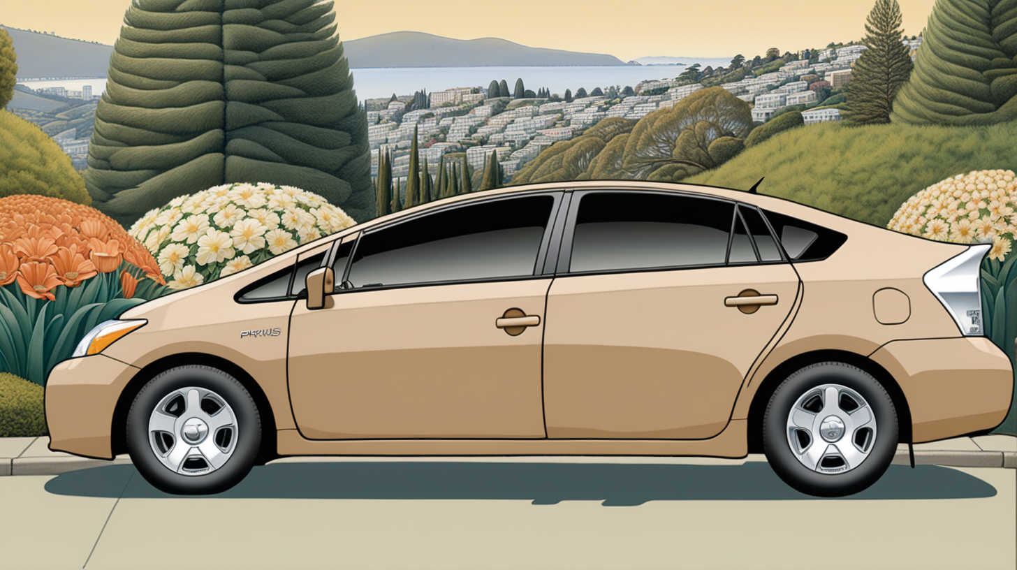 A tan 2005 model 2 Prius, parked in the Oakland CA hills, an upscale residential neighborhood with trees and flowers, in a Diego Rivera-style. 
