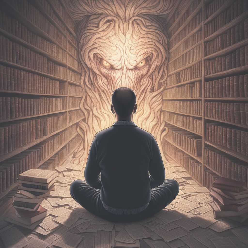 a man battling his mental demons finds peace with knowledge