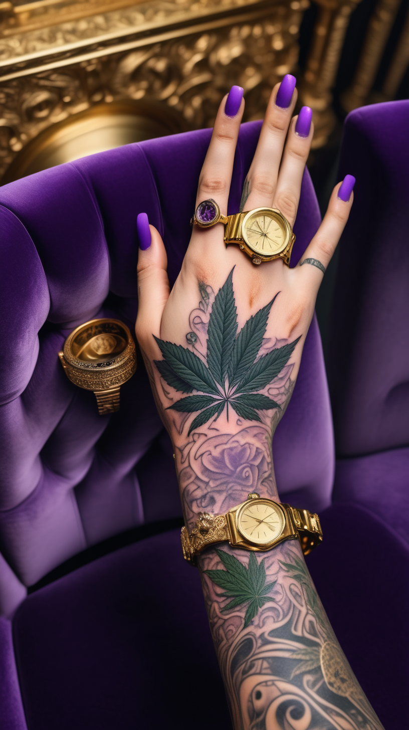 Tatooed hand resting on throne, purple velvet, tattoos, cannabis joint between fingers, wearing rings and big gold watch

