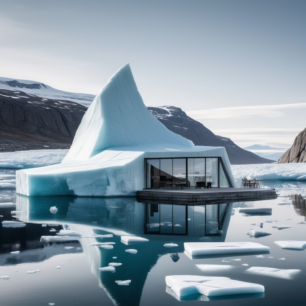 Take giant ice berg in the water and sculp a big minimalistic house, there is big panoroma windows, big terrace with spa, this is in greenland and you can see montains arround 