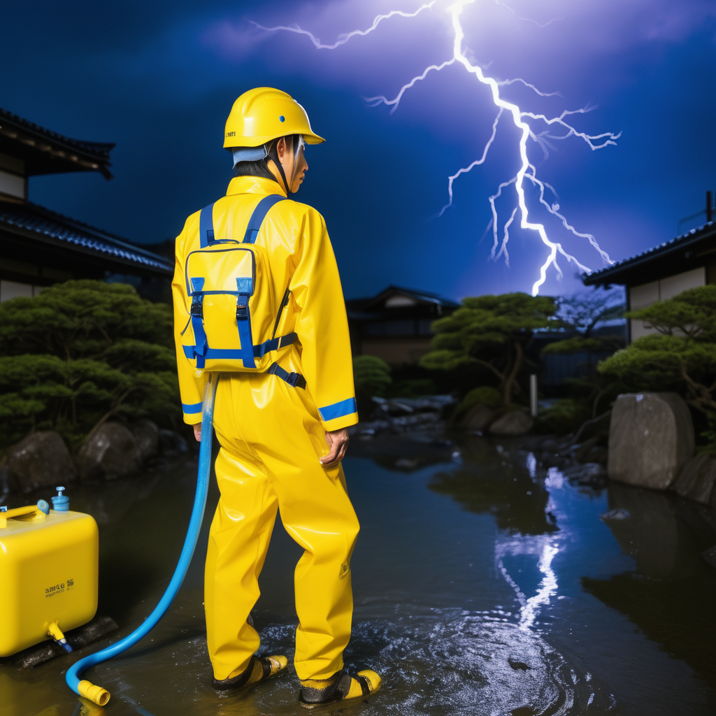 Japanese man, lightning, full yellow blue waterproof suit, yellow safety helmet, blue water hose, water tank backpack, Japan, night