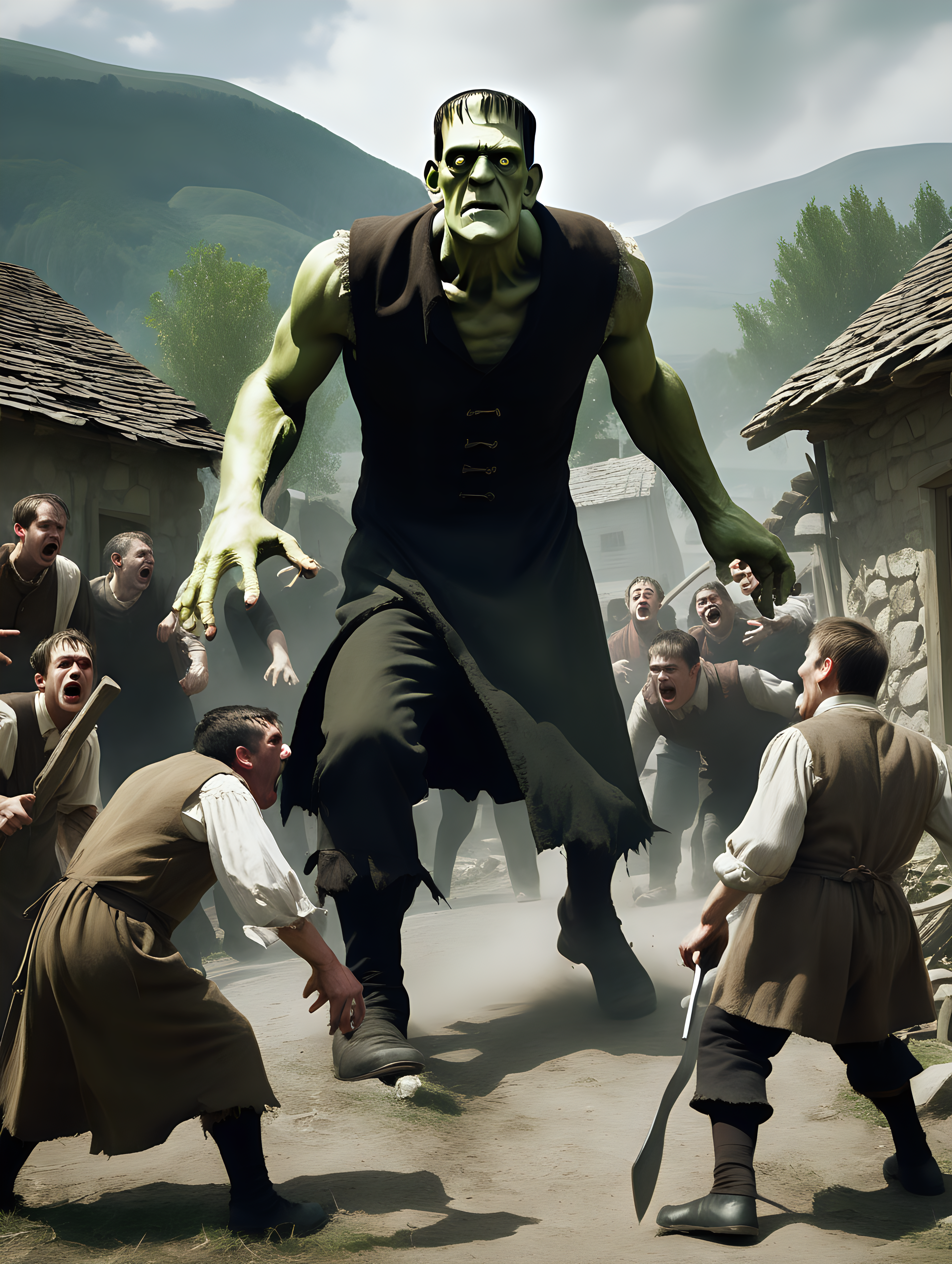 Frankenstein attacking villagers