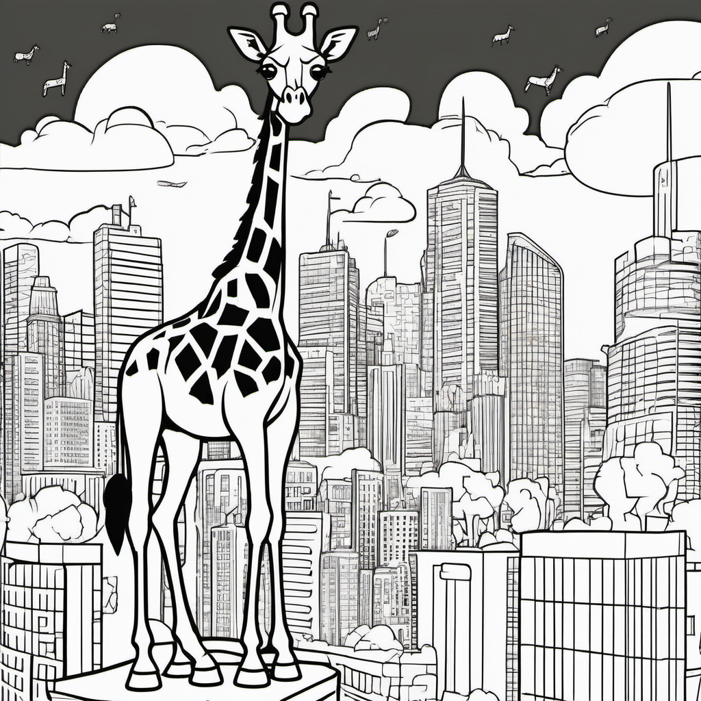/imagine colouring page for kids, Giraffe Superhero Team, in action-packed cityscape, thick lines, low details, no shading --ar 9:11