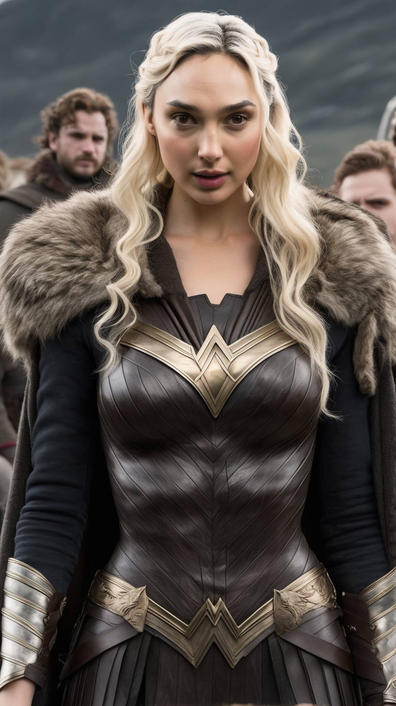 Gal Gadot, with waist-length white-blonde hair standing with Robb Stark