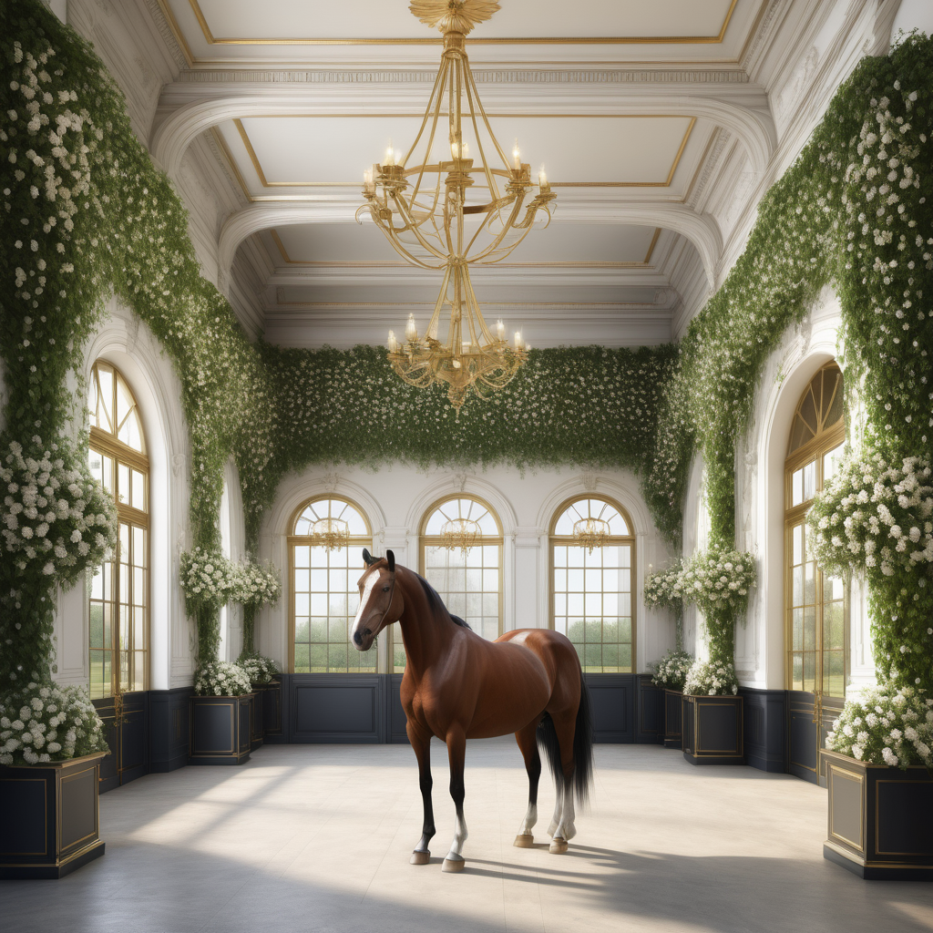 A hyperrealistic image a grand Modern Parisian etsate elegant large open horse stables with clydesdale horses, star jasmine vines, brass chandeliers, 