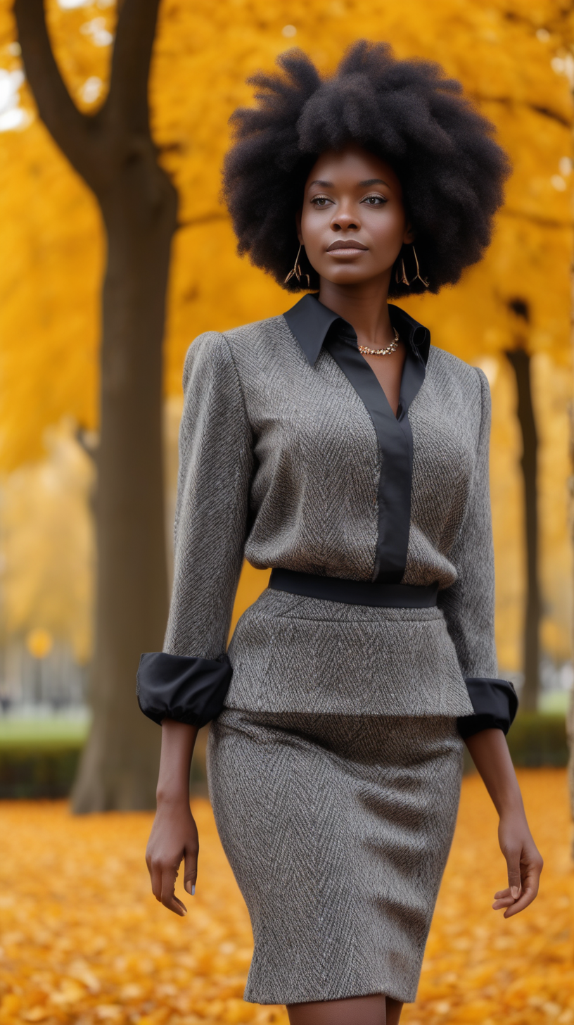 A handsome, intelligent black, female, wearing a, short hair, wearing a blouse, wearing a elegant, string of African, Wearing a tweed, two piece, women's wool suit, in a park, brightly lit, modern day, sunny, in Ultra 4K, High Definition, full resolution, hyper realism