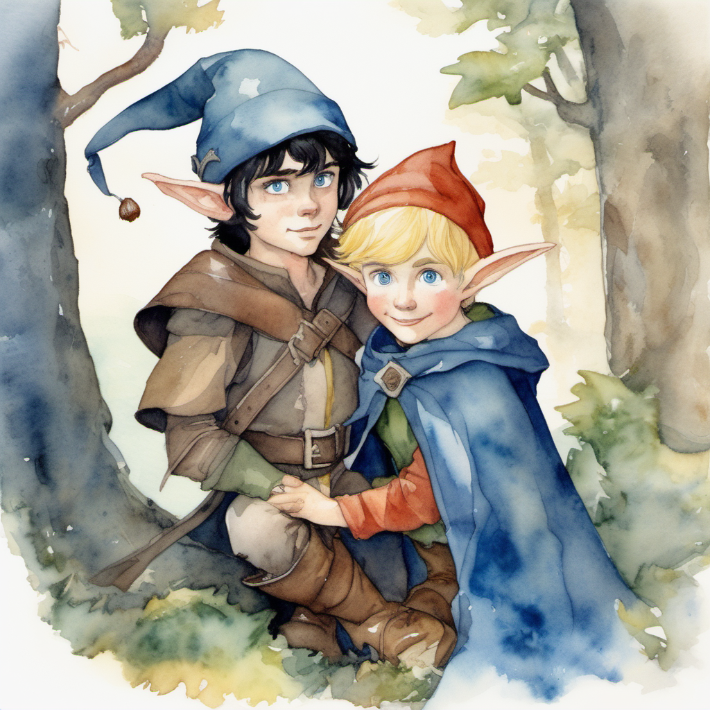  A watercolor painting of a young dark haired pixie with blue eyes wearing an acorn hat who is being rescued by a middle-aged blond male elf
