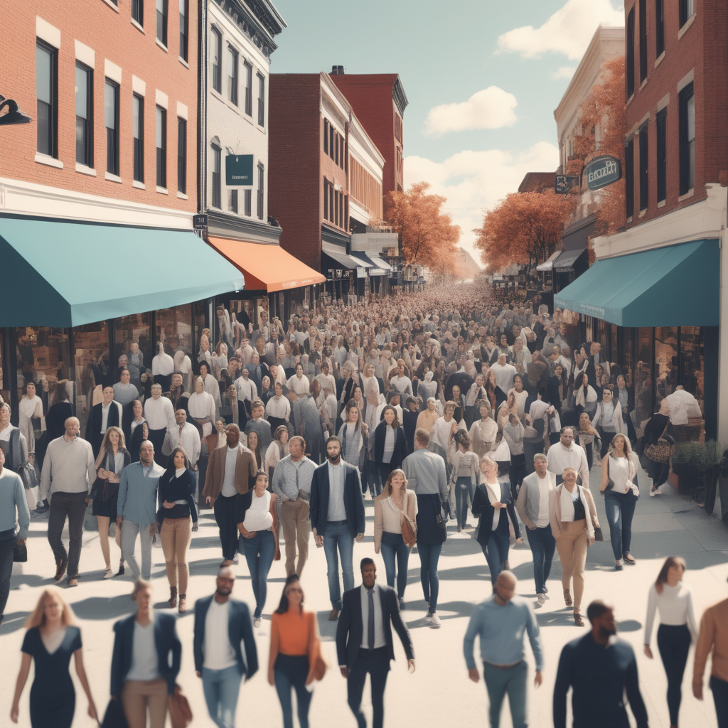 create an  image of a lot of people walking to a small business



