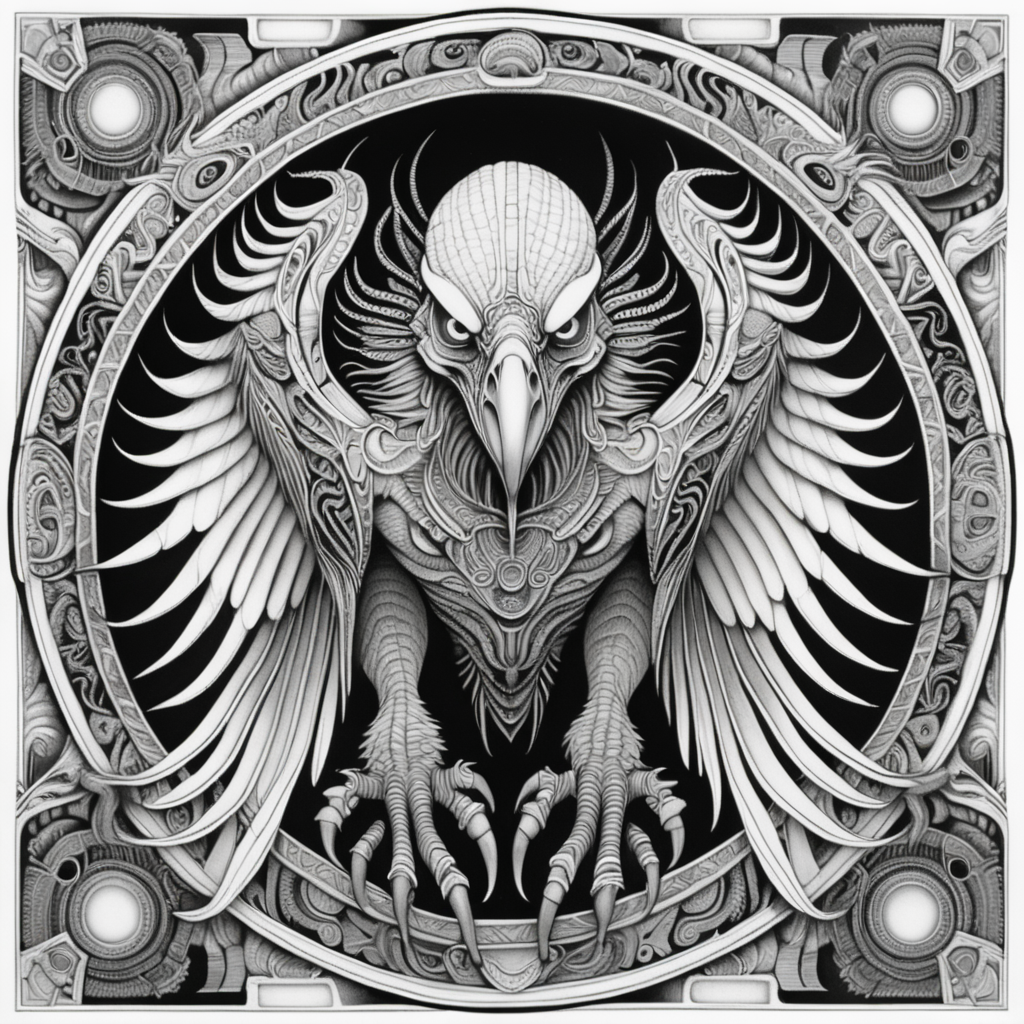 black & white, coloring page, high details, symmetrical mandala, strong lines, bald vulture beast with many eyes in style of H.R Giger