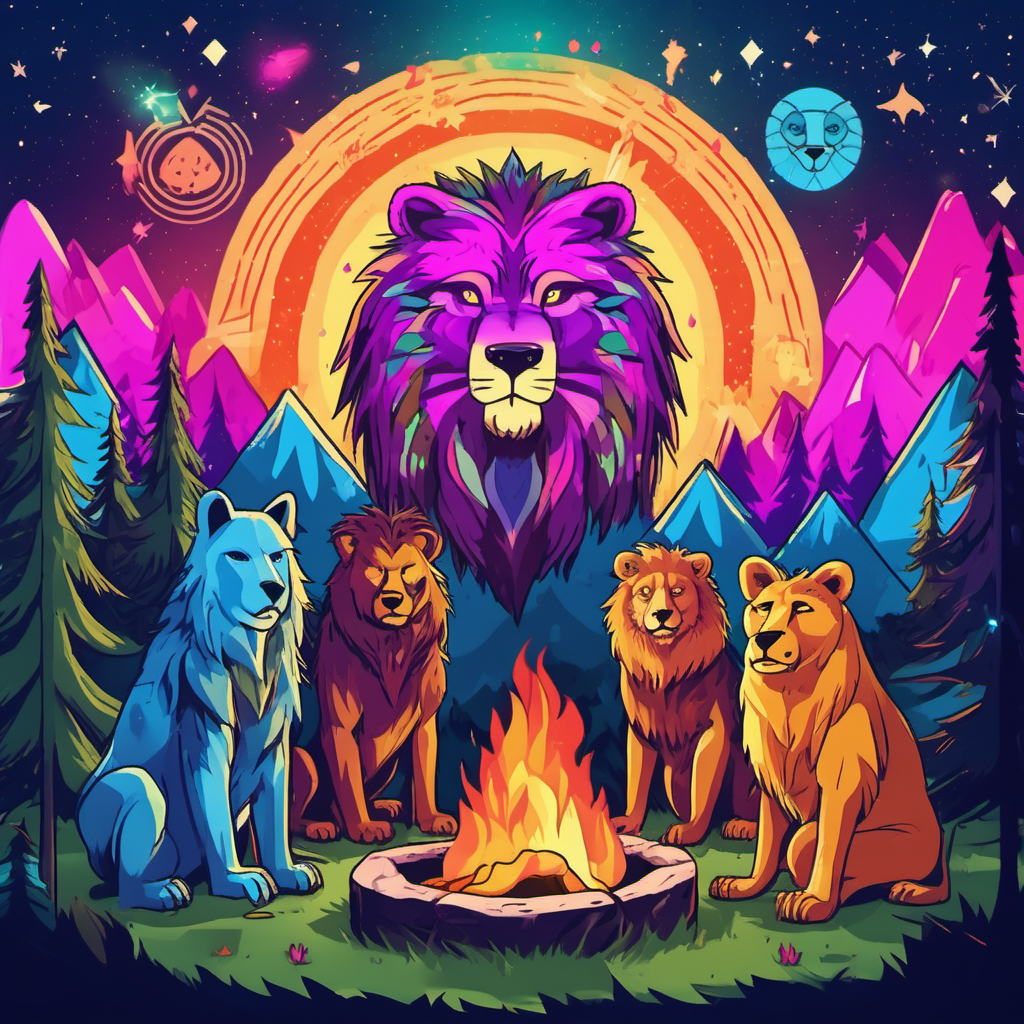 high vibe music campfire cosmic bear wolf lion