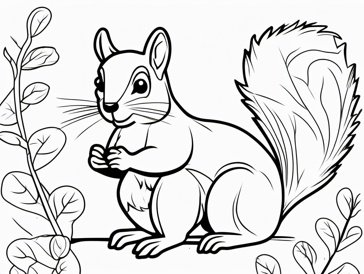 simple cute squirrel coloring page
line art
black and white
white background
no shadow or highlights
two colours only (white and black)