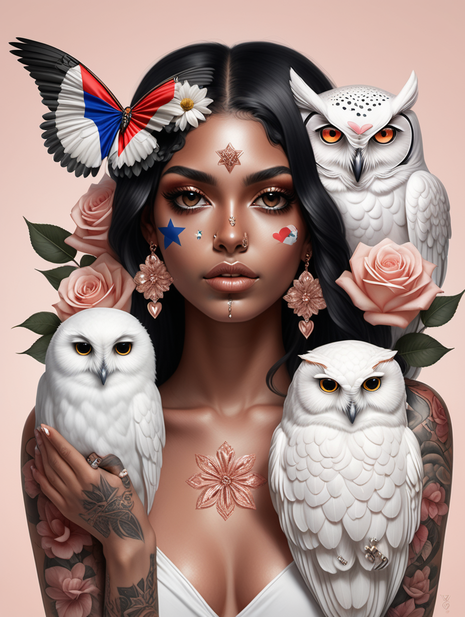 exotic 3 women with black, white and Hispanic skin with floating crystal balls in rose gold wearing a Dominican flag
 flag looking at a white owl with love she has tattoos and soft color flowers in there hair