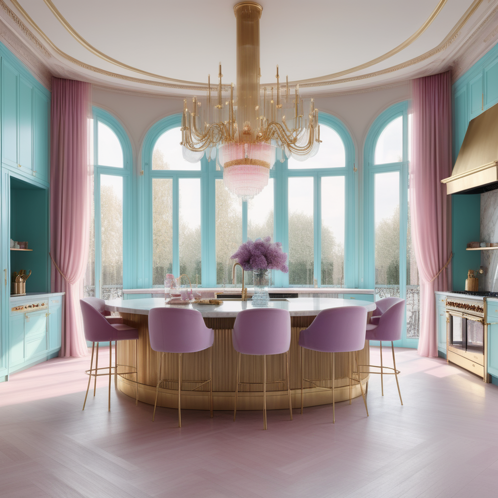 hyperrealistic image of large modern Parisian kitchen with island, floor to ceiling windows, curves, cyan, ivory, pink, lilac and brass colour palette, brass chandelier, sheer curtains