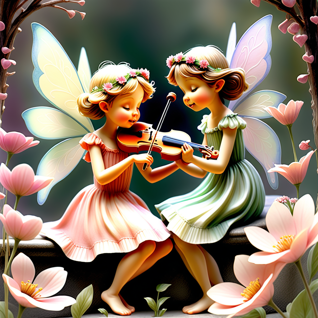 /envision prompt: "Fairy Valentines' Serenade" captured in a watercolor masterpiece inspired by the delicacy of Cicely Mary Barker's flower fairies. Fairies play musical instruments amidst blooming flowers, creating a symphony of love. The color palette features soft pastels, enhancing the ethereal quality of the scene. Expressions on the fairies range from blissful concentration to sweet serenity. --v 5 --stylize 1000