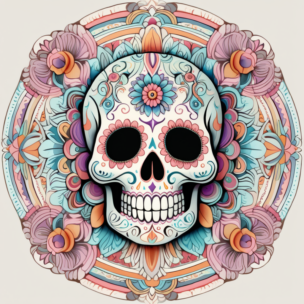 pastel colors, high details, symmetrical mandala, strong lines, day of the dead, candy skull