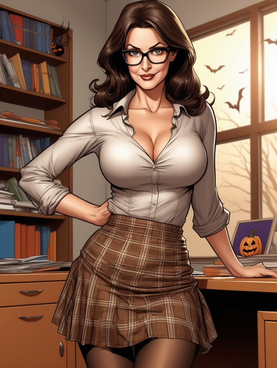 Beautiful, mature, brunette woman, teacher, glasses, downblouse, flowy brown[plaid] skirt, innocent [Detailed comic book art style] Halloween party, brown pantyhose 