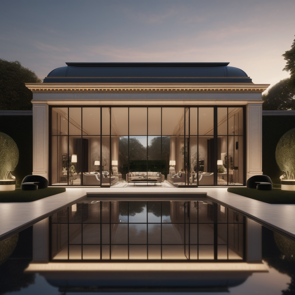 a hyperrealistic of an elegant Modern Parisian estate home grand pool room at dusk with island, mood lighting, floor to ceiling windows with a view of the manicured gardens, in a beige oak brass and black colour palette 
