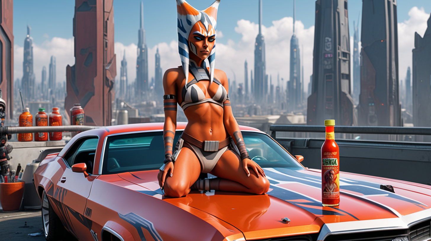 bikini Ahsoka on a muscle car with hot sauce on a table in cyberpunk rooftop