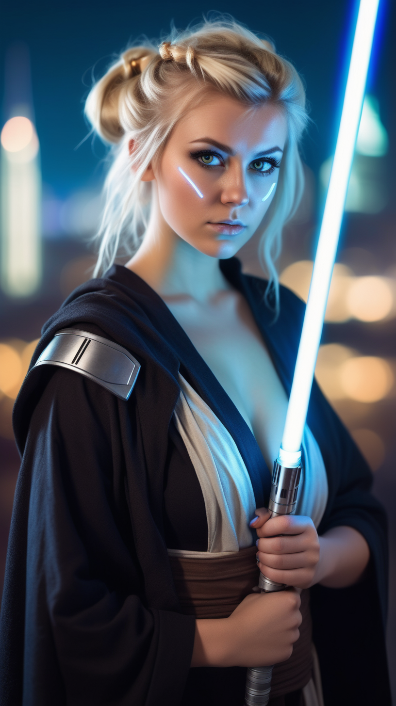 Beautiful Nordic woman, very attractive face, detailed eyes, big breasts, dark eye shadow, messy blonde hair, wearing a Jedi master cosplay outfit, holding a lightsaber, bokeh background, soft light on face, rim lighting, facing away from camera, looking back over her shoulder, standing ointment a futuristic city, photorealistic, very high detail, extra wide photo, full body photo, aerial photo