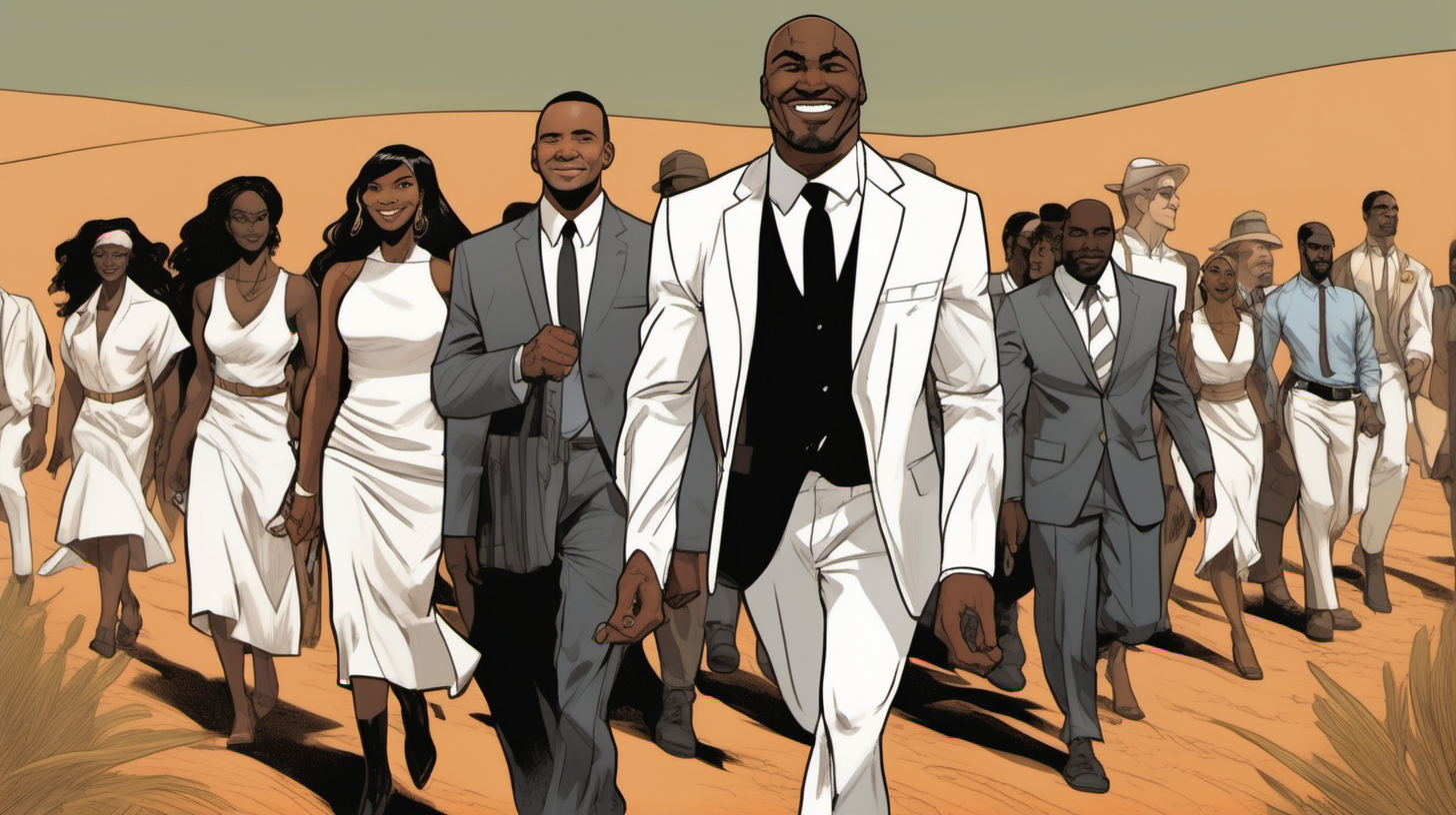 a black man with a smile leading a group of gorgeous and ethereal white and black mixed men & women with earthy skin, walking in a desert with his colleagues, in full American suit, followed by a group of people in the art style of Genndy Tartakovsky comic book drawing, illustration, rule of thirds